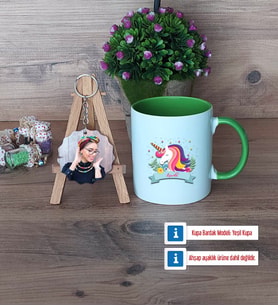 Unicorn Kupa Bardak Beyaz ve Fotoğraflı Ahşap Anahtarlık Hediye (Model 14)