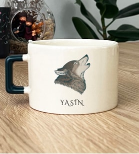 Kişiye Özel Kurt Baskılı Hediye Lüks Fincan Babaya Kardeşe Hediye (Koyu Yeşil)