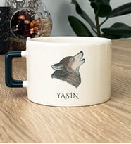 Kişiye Özel Kurt Baskılı Hediye Lüks Fincan Babaya Kardeşe Hediye (Koyu Yeşil)