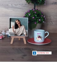 İsme Özel Doğum Günü Hediyesi Fotoğraflı Dekoratif Taş, Ahşap Altlıklı Türk Kahvesi Fincanı Hediye (Model 8)