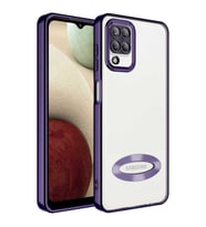 Samsung Galaxy A12 Kılıf Case, Logo Showing Serisi, Şeffaf, Kamera Korumalı, Logo Gösteren Renkli Çizgi Tasarım (Mor)