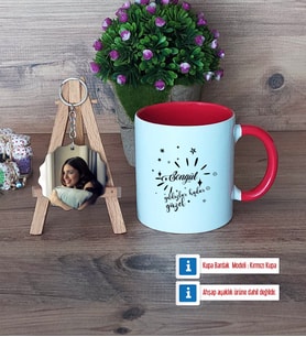 Doğum Günü Hediyesi Kupa Bardak Beyaz ve Fotoğraflı Ahşap Anahtarlık Hediye (Model 2)