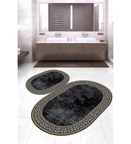Dijital Baskılı Kaymaz Taban Yıkanabilir Oval 2'li Klozet Takımı Banyo Paspası NOKZ-HT-1394 (Siyah)