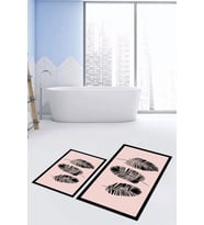 EVDEYA Baskılı Yıkanabilir Renkli Yapraklı Desen İkili Banyo Halısı Klozet Takımı, KLOZET-26-BEYAZ, (Pembe)