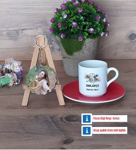 Emlakçı Türk Kahvesi Fincanı Ahşap Altlıklı ve Fotoğraflı Ahşap Anahtarlık Hediye (Model 3)