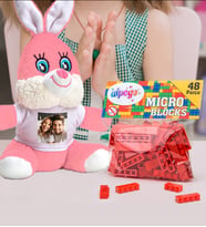Kişiye Özel Peluş Tavşan Ve Renkli Micro Blocks Lego (Kırmızı)
