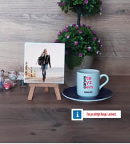 Teyzeye Hediye Fotoğraflı Dekoratif Taş, Ahşap Altlıklı Türk Kahvesi Fincanı Hediye (Model 4)