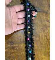 EN 3 CM PÜSKÜLLÜ BONCUKLU TASARIM ŞERİT DİKİŞ GİYİM AKSESUARI (1 METRE) (Siyah)