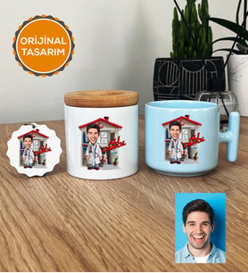 Kişiye Özel Karikatürlü Doktor Hediye Seti Pastel T Kupa, Kalemlik, Anahtarlık Doktora Tıp Bayramı Hediyesi (Mavi)
