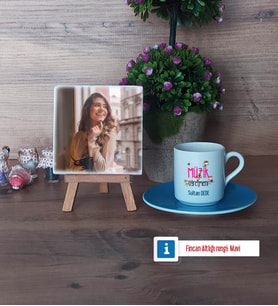 Müzik Öğretmeni Fotoğraflı Dekoratif Taş, Ahşap Altlıklı Türk Kahvesi Fincanı Hediye (Model 5)