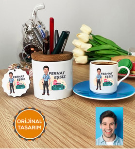 Kişiye Özel Karikatürlü Paramedik Hediye Seti Türk Kahvesi Fincanı, Kalemlik, Anahtarlık Erkek Paramediğe Tıp Bayramı Hediyesi (Mavi)