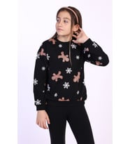 Toontoy Kız Çocuk Kar Taneli Kurabiye Baskılı Sweatshirt (Siyah)