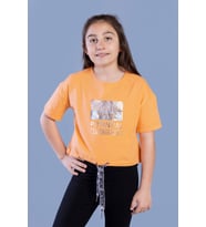 Toontoy Kız Çocuk Crop Model Kordon Detaylı Varak Baskılı Tişört (Turuncu)