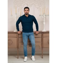 Woolen World Polo Yaka Slimfit Desenli Yünlü Erkek Triko Kazak (İndigo)