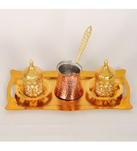 Ymn Bakırcılık Sarmasik 2 Kisilik Gold Fincan Takimi& 3 Fincanlik Cezve KAHVE FİNCAN TAKIMI KAHVE FİNCANİ KAHVELİ HEDİYE KUTUSU (Gold)