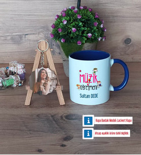 Müzik Öğretmeni Kupa Bardak Beyaz ve Fotoğraflı Ahşap Anahtarlık Hediye (Model 3)