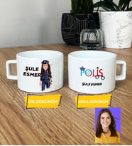 Kişiye Özel Karikatürlü Polis Hediye Lüks Fincan Kadın Polise Polisler Günü Hediyesi (Beyaz)