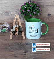 Gazeteci Kupa Bardak Beyaz ve Fotoğraflı Ahşap Anahtarlık Hediye (Model 14)