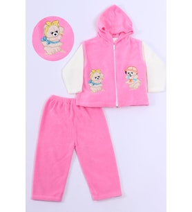BEBEK POLAR 3LÜ TAKIM KAPŞONLU FERMUARLI NAKIŞLI C23 (Pembe)