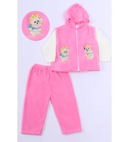 BEBEK POLAR 3LÜ TAKIM KAPŞONLU FERMUARLI NAKIŞLI C23 (Pembe)