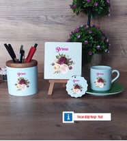 İsme Özel Doğum Günü Hediyesi Hediye Seti Dekoratif Taş, Kalemlik, Ahşap Altlıklı Türk Kahvesi Fincanı, Ahşap Anahtarlık Hediye (Model 9)