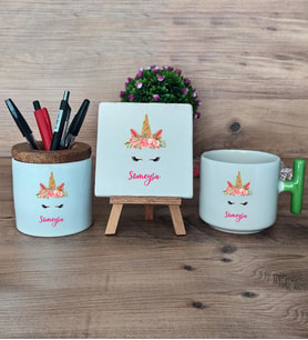 Unicorn Hediye Sepeti Kupa Bardak T Kulplu, Kalemlik ve Dekoratif Taş Arkadaşa Kız Kardeşe Hediye (Model 8)
