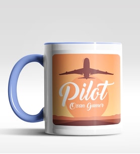 Kişiye Özel Kaptan Pilot Tasarımlı Siyah Kupa (Beyaz-Mavi)