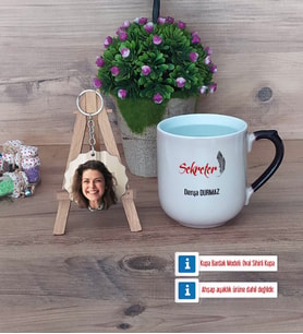 Sekretere Hediye Kupa Bardak Beyaz ve Fotoğraflı Ahşap Anahtarlık Hediye (Model 10)