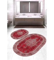 Dijital Baskılı Kaymaz Taban Yıkanabilir Oval 2'li Klozet Takımı Banyo Paspası NOKZ-HY-1188 (Kırmızı)