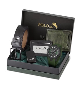 Polo Air Erkek Set Kombin Kemer Cüzdan Kartlık Çakmak Kol Saati Hediyelik Kutusunda Set PL-0974E (Yeşil-Siyah)