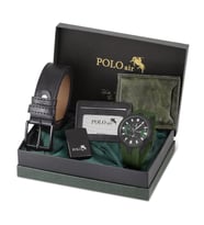 Polo Air Erkek Set Kombin Kemer Cüzdan Kartlık Çakmak Kol Saati Hediyelik Kutusunda Set PL-0974E (Yeşil-Siyah)