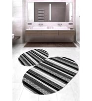 Dijital Baskılı Kaymaz Taban Yıkanabilir Oval 2'li Klozet Takımı Banyo Paspası NOKZ-HT-1002 (Siyah)