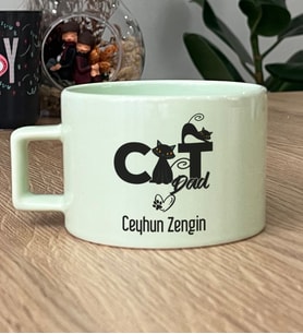 Kişiye Özel Cat Dad Hediye Pastel Fincan Kedi Babası -3- (Yeşil)