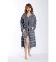 Kapüşonlu Kadın / Erkek Peştemal Bornoz Soft %100 Pamuklu Natural (Antrasit)
