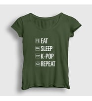 Presmono Kadın Sarı Eat Sleep Repeat K-Pop T-Shirt 273168tt (Haki)