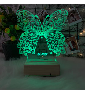 Kişiye Özel Doğum Günü Hediyesi /Sevgiliye Hediye Kelebek Tasarımlı 3D Led Masa Lambası (Yeşil)