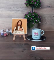 Psikoloji Öğretmeni Fotoğraflı Dekoratif Taş, Ahşap Altlıklı Türk Kahvesi Fincanı Hediye (Model 7)