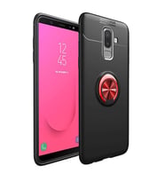 Samsung Galaxy J8 Kılıf Mıknatıslı Yüzüklü Standlı Yumuşak Silikon Kapak Ravel (Siyah-Kırmızı)