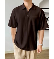 Erkek Oversize Polo Yaka Waffle T-Shirt POLOYAKA-FERMUARLI (Kahverengi)