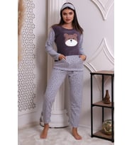 Fwn 3010 Peluş Welsoft Polar Kışlık Pandalı Cepli Kadın Pijama Takımı (Gri)