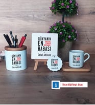 Babalar Günü Hediyesi Hediye Seti Dekoratif Taş, Kalemlik, Ahşap Altlıklı Türk Kahvesi Fincanı, Ahşap Anahtarlık Hediye (Model 1)