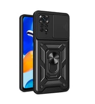 Xiaomi Redmi Note 11 Pro 4G Kılıf Yüzüklü Standli Sürgülü Kamera Korumalı Tank Sert Silikon Kapak (Siyah)