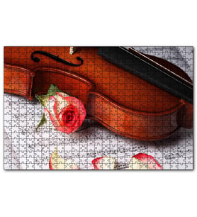 Cakapuzzle Kırmızı Gül Notalar ve Keman  Puzzle Yapboz MDF (Ahşap) (1000 Parça)