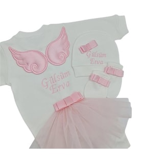Melek Kanatlı Kız Bebek Hastane Çıkışı 3 lü Set Pembe (Ekru)