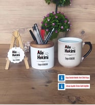 Aile Hekimi Hediye Sepeti Kalemlik, Kupa Bardak Sihirli, Ahşap Anahtarlık Hediye (Model 2)