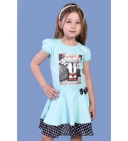 Toontoy Kız Çocuk Puantiyeli Tül Detaylı Dijital Baskılı Elbise (Su Yeşili)