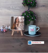 Müzik Öğretmeni Fotoğraflı Dekoratif Taş, Ahşap Altlıklı Türk Kahvesi Fincanı Hediye (Model 7)