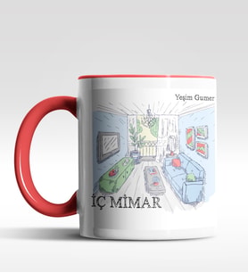 Kişiye Özel İç Mimar Tasarımlı Siyah Kupa (Kırmızı-Beyaz)