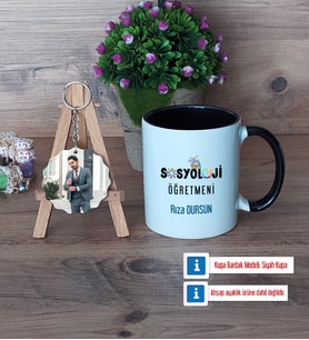 Sosyoloji Öğretmeni Kupa Bardak Beyaz ve Fotoğraflı Ahşap Anahtarlık Hediye Öğretmenler Günü Hediyesi (Model 11)