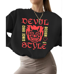 bisiklet yaka kalın Sweatshirt Sweatshirt erkek 3 iplik şardonlu unisex Şeytan stili - sokak giyimi (Siyah)